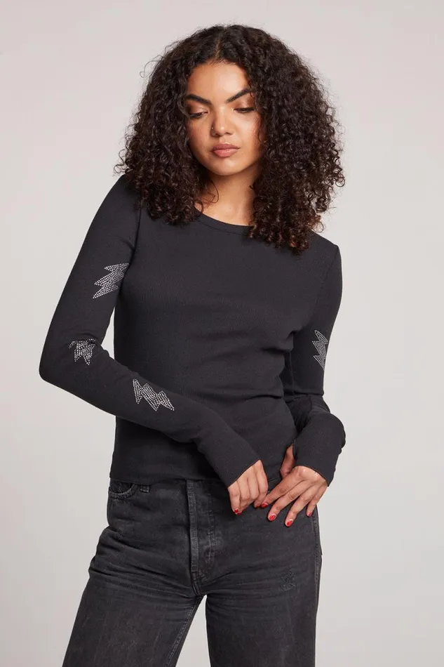 Womens Chaser Brand Tops Embellished Bolts Long Sleeve