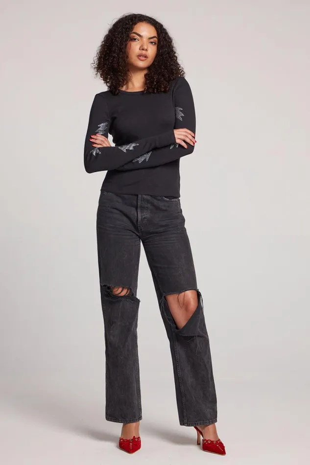 Womens Chaser Brand Tops Embellished Bolts Long Sleeve