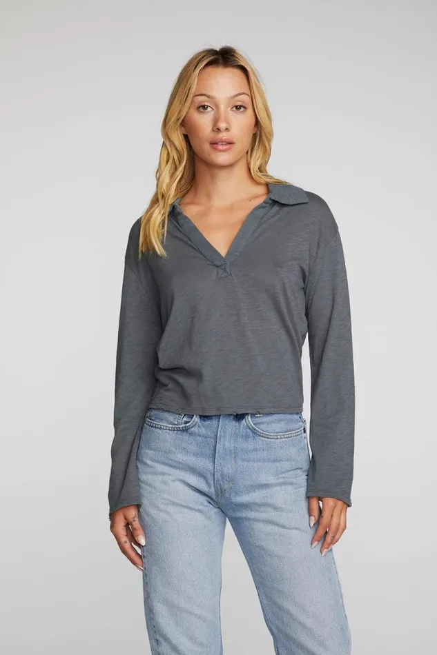 Womens Chaser Brand Tops Gauze Jersey Cropped Polo With Distressed Detail Long Sleeve