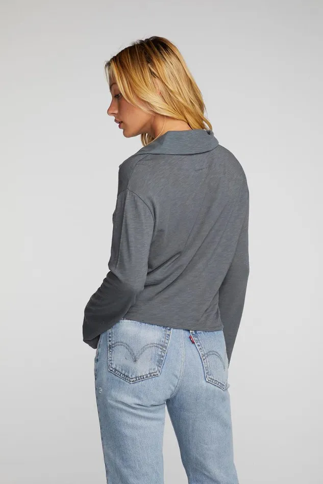 Womens Chaser Brand Tops Gauze Jersey Cropped Polo With Distressed Detail Long Sleeve
