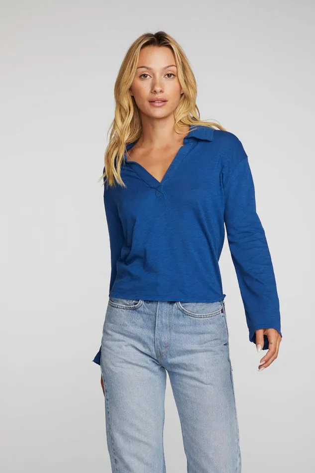 Womens Chaser Brand Tops Gauze Jersey Cropped Polo With Distressed Detail Long Sleeve