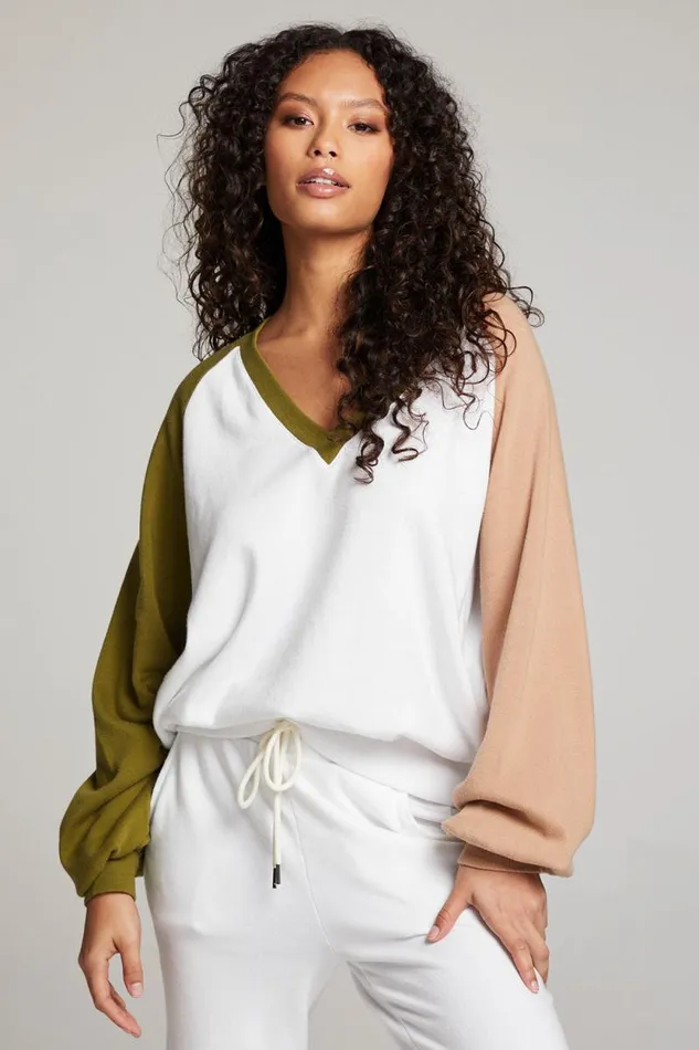 Womens Chaser Brand Tops Hannah Sand Color Block V Neck Pullover