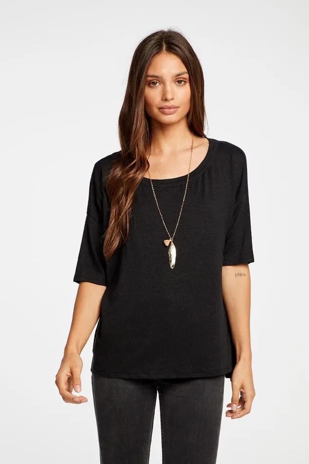 Womens Chaser Brand Tops Linen Jersey Cropped Short Sleeve Boxy Hi Lo Tee