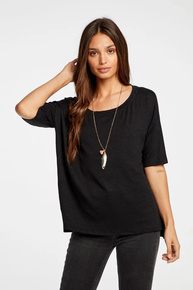 Womens Chaser Brand Tops Linen Jersey Cropped Short Sleeve Boxy Hi Lo Tee