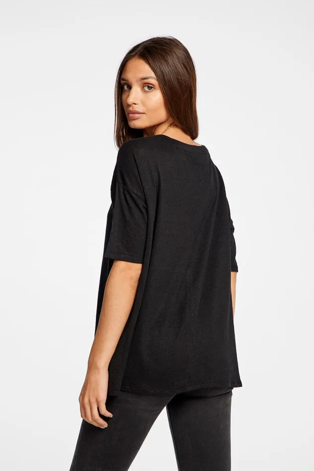 Womens Chaser Brand Tops Linen Jersey Cropped Short Sleeve Boxy Hi Lo Tee