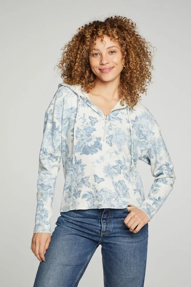 Womens Chaser Brand Tops Long Sleeve Semi Cropped Zip Front Hoodie