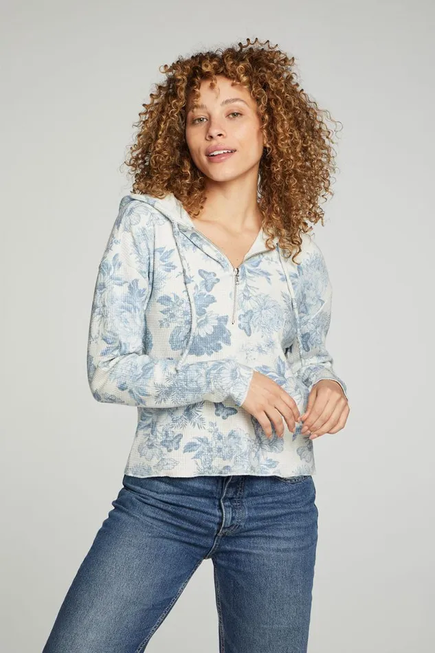Womens Chaser Brand Tops Long Sleeve Semi Cropped Zip Front Hoodie
