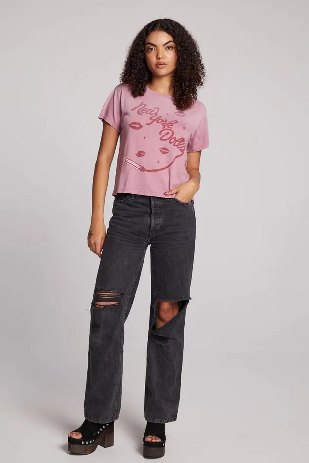 Womens Chaser Brand Tops New York Dolls Script Logo Crewneck Tee