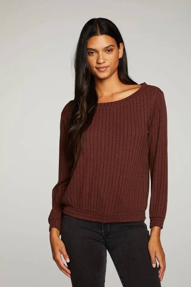 Womens Chaser Brand Tops Poor Boy Rib Open Neck Pullover With Shirring
