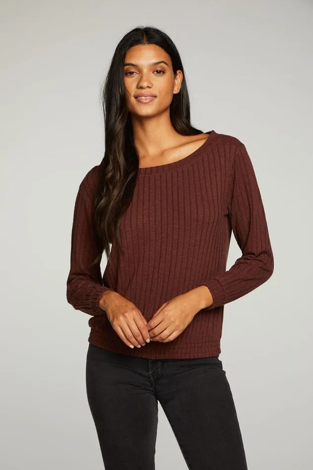 Womens Chaser Brand Tops Poor Boy Rib Open Neck Pullover With Shirring
