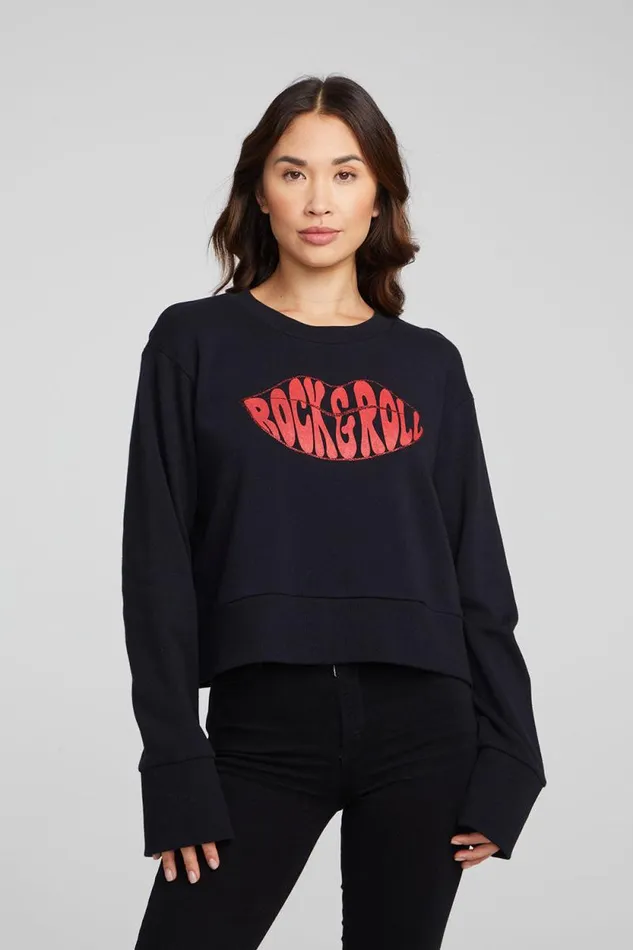 Womens Chaser Brand Tops Rock039n039Roll Lips Long Sleeve