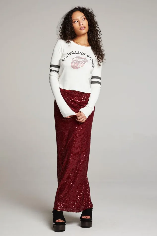 Womens Chaser Brand Tops Rolling Stones Studded Logo Long Sleeve