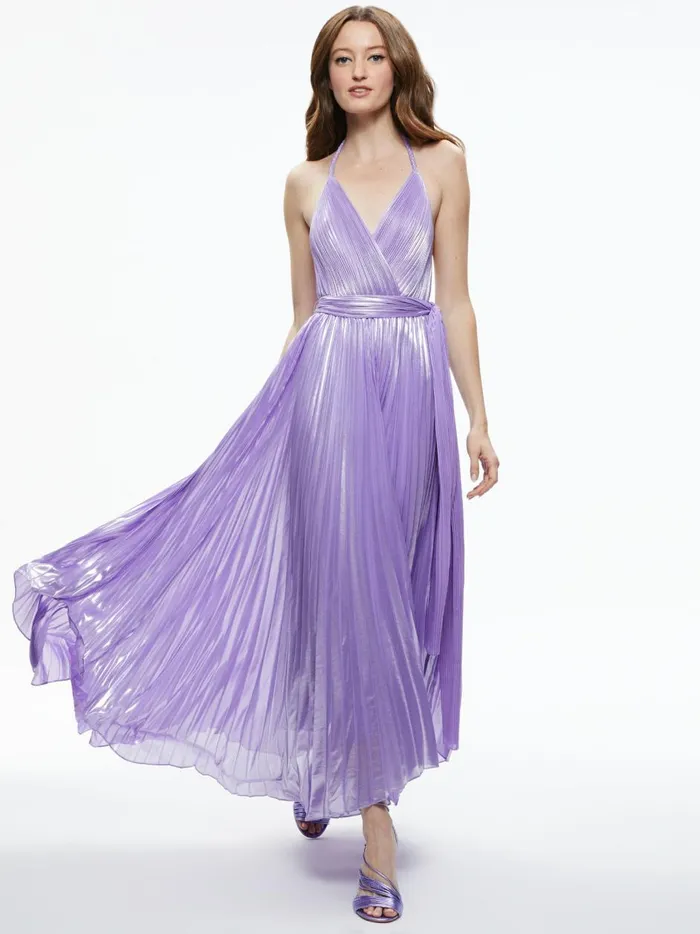 Womens Dresses Alice Olivia Arista Sleeveless Halter Neck Pleated Maxi Dress Solstice
