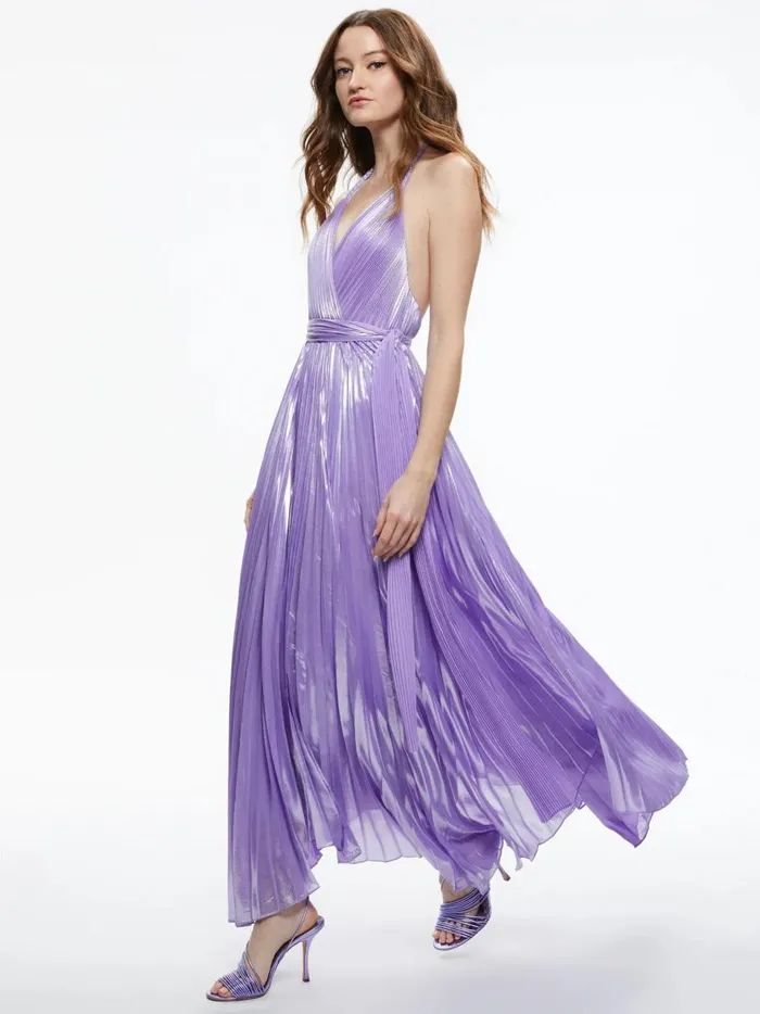 Womens Dresses Alice Olivia Arista Sleeveless Halter Neck Pleated Maxi Dress Solstice