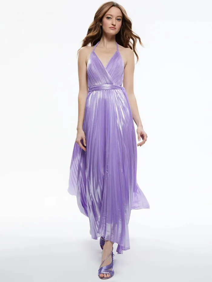 Womens Dresses Alice Olivia Arista Sleeveless Halter Neck Pleated Maxi Dress Solstice