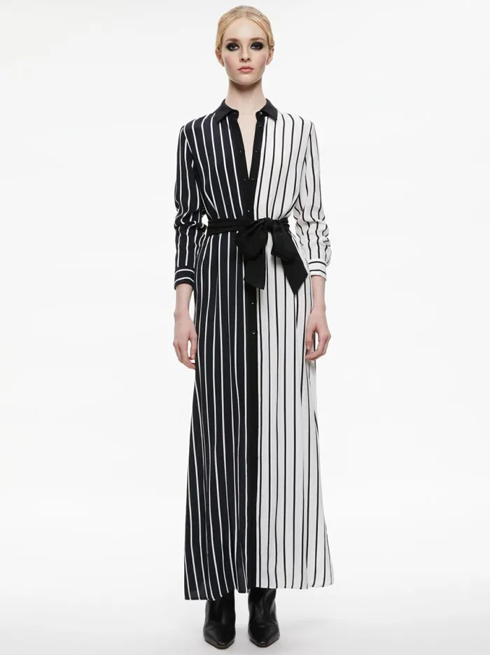 Womens Dresses Alice Olivia Chassidy Maxi Shirt Dress Vertical Palazzo Stripe Black