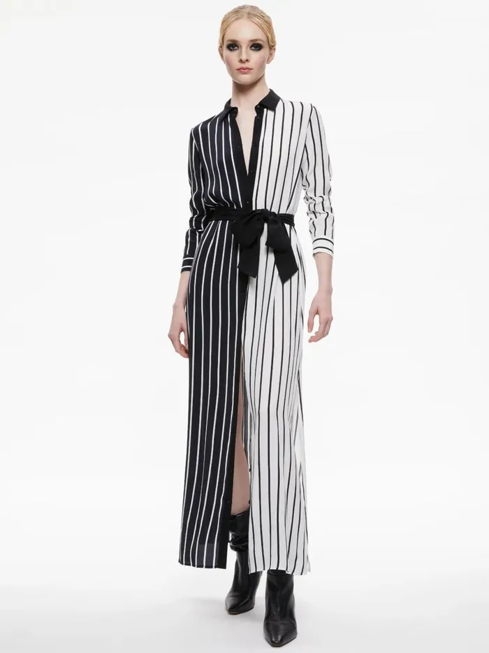 Womens Dresses Alice Olivia Chassidy Maxi Shirt Dress Vertical Palazzo Stripe Black