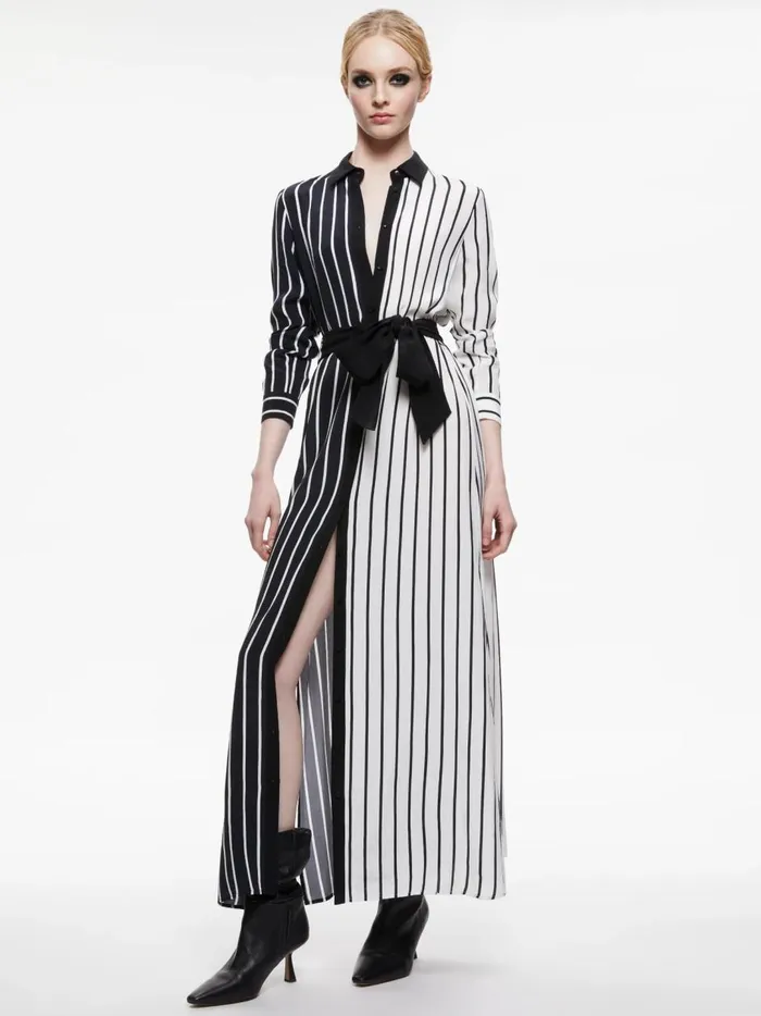 Womens Dresses Alice Olivia Chassidy Maxi Shirt Dress Vertical Palazzo Stripe Black