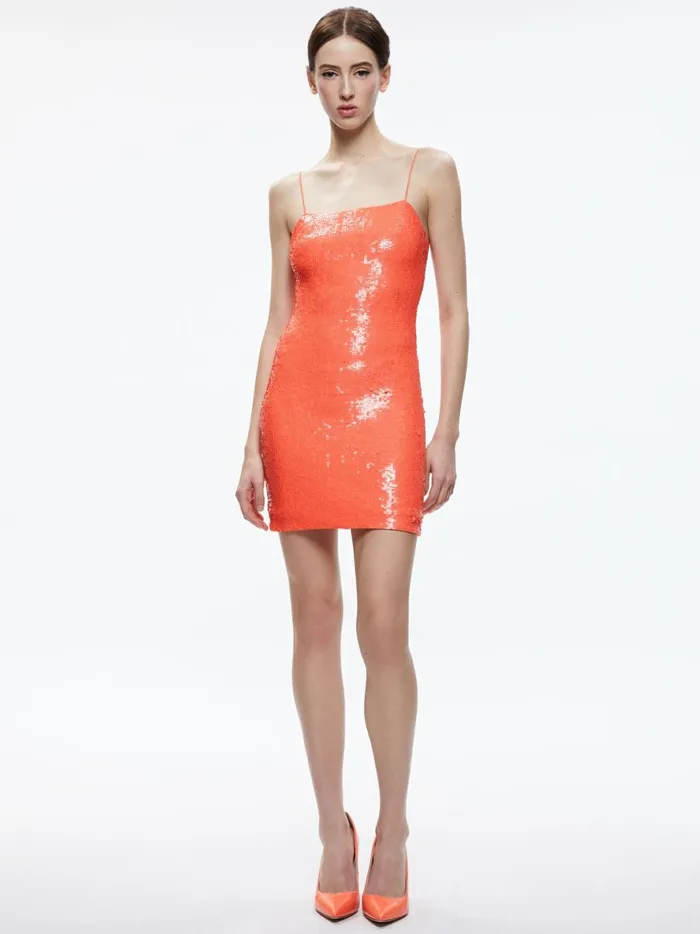 Womens Dresses Alice Olivia Fifi Sequin Fitted Mini Cami Dress Coral Sunset