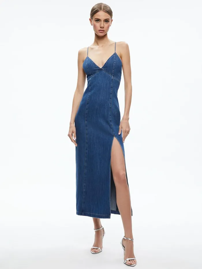 Womens Dresses Alice Olivia Julietta Denim Slip Dress With Slit Avery Blue