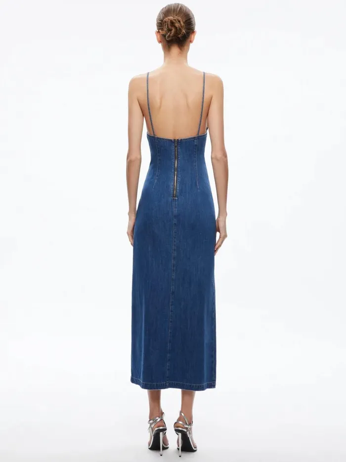 Womens Dresses Alice Olivia Julietta Denim Slip Dress With Slit Avery Blue