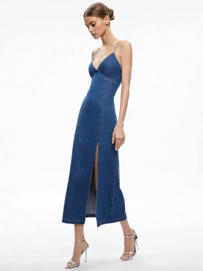 Womens Dresses Alice Olivia Julietta Denim Slip Dress With Slit Avery Blue