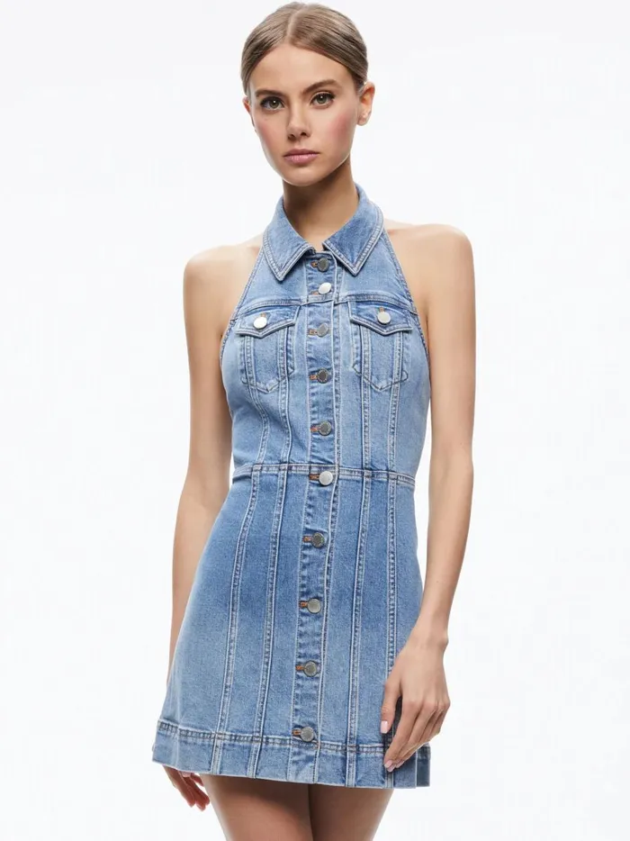 Womens Dresses Alice Olivia Kendall Denim Halter Mini Dres Ivy Blue