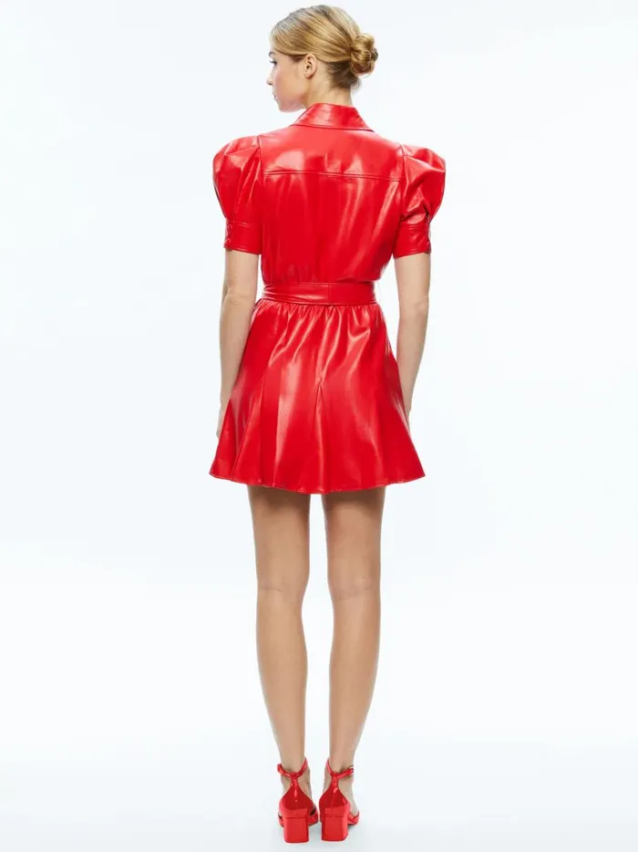 Womens Dresses Alice Olivia Lurlene Short Sleeve Vegan Leather Mini Dress Bright Ruby