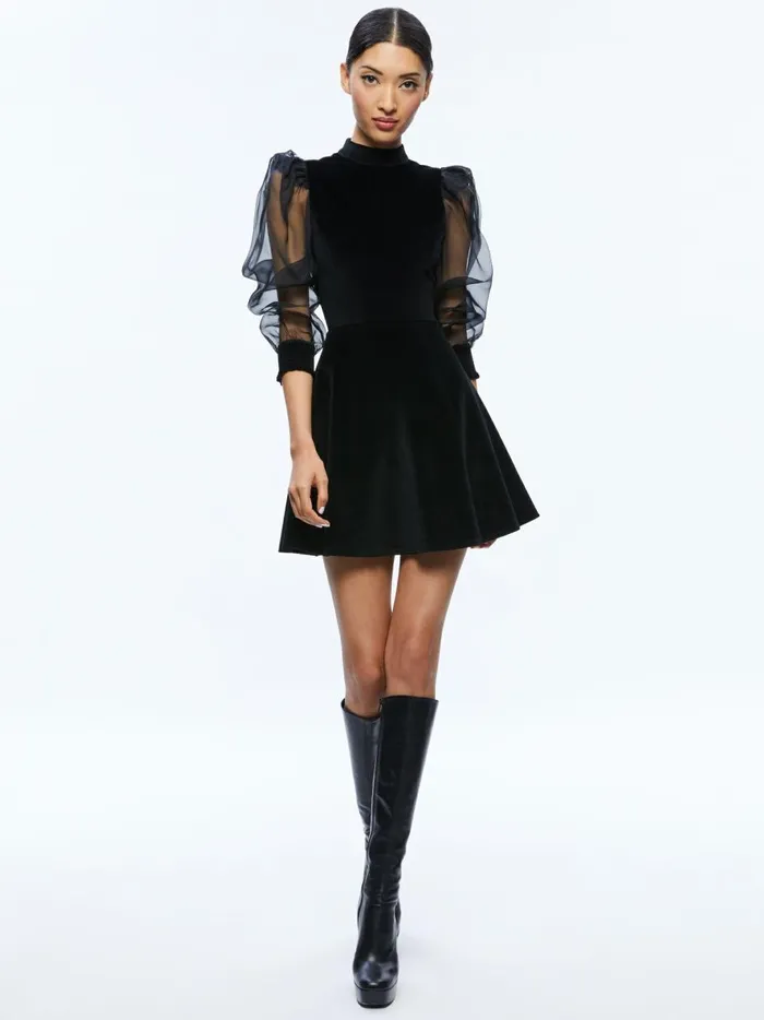 Womens Dresses Alice Olivia Paulette Mock Neck Puff Sleeve Mini Dress Black