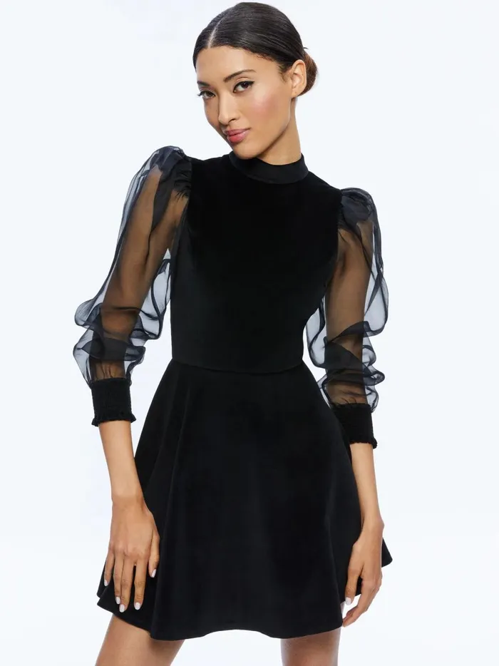 Womens Dresses Alice Olivia Paulette Mock Neck Puff Sleeve Mini Dress Black