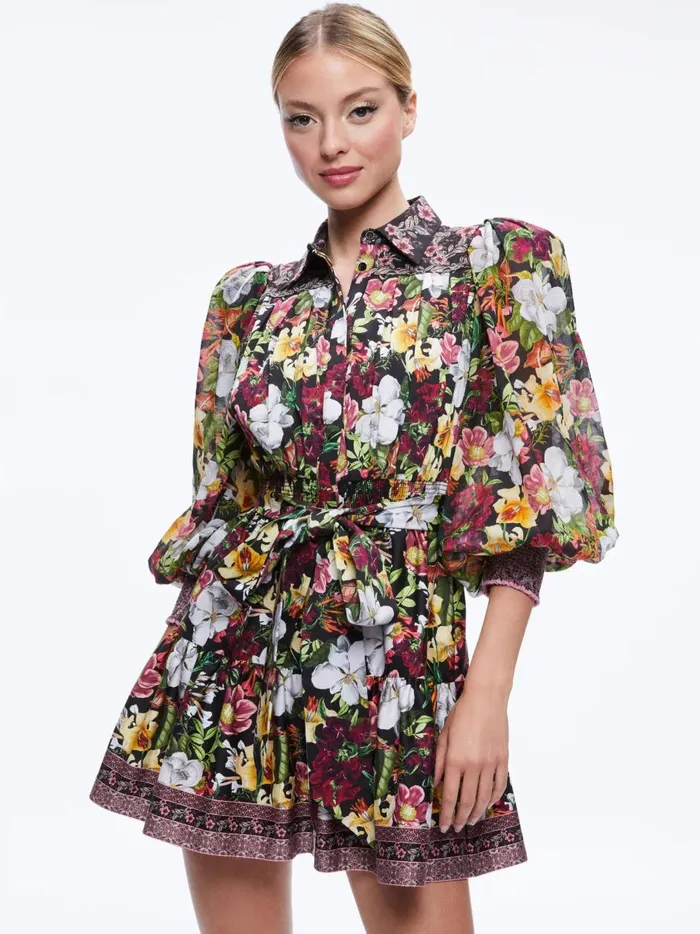 Womens Dresses Alice Olivia Tiffie Puff Sleeve Mini Dress Juniper Floral Black