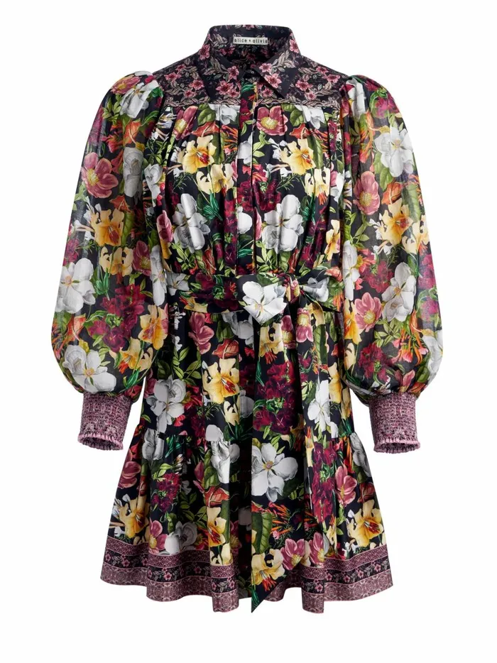 Womens Dresses Alice Olivia Tiffie Puff Sleeve Mini Dress Juniper Floral Black