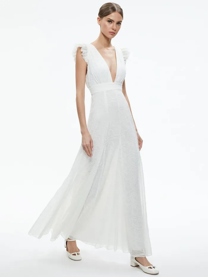 Womens Dresses Alice Olivia Vanna VNeck Ruffle Sleeve Maxi Dress White