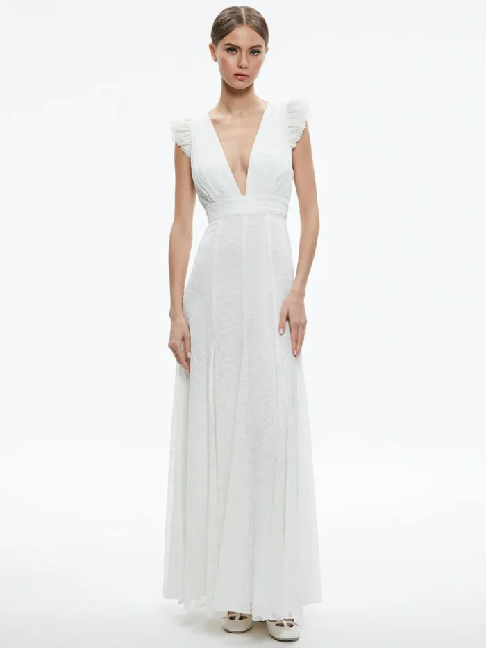Womens Dresses Alice Olivia Vanna VNeck Ruffle Sleeve Maxi Dress White