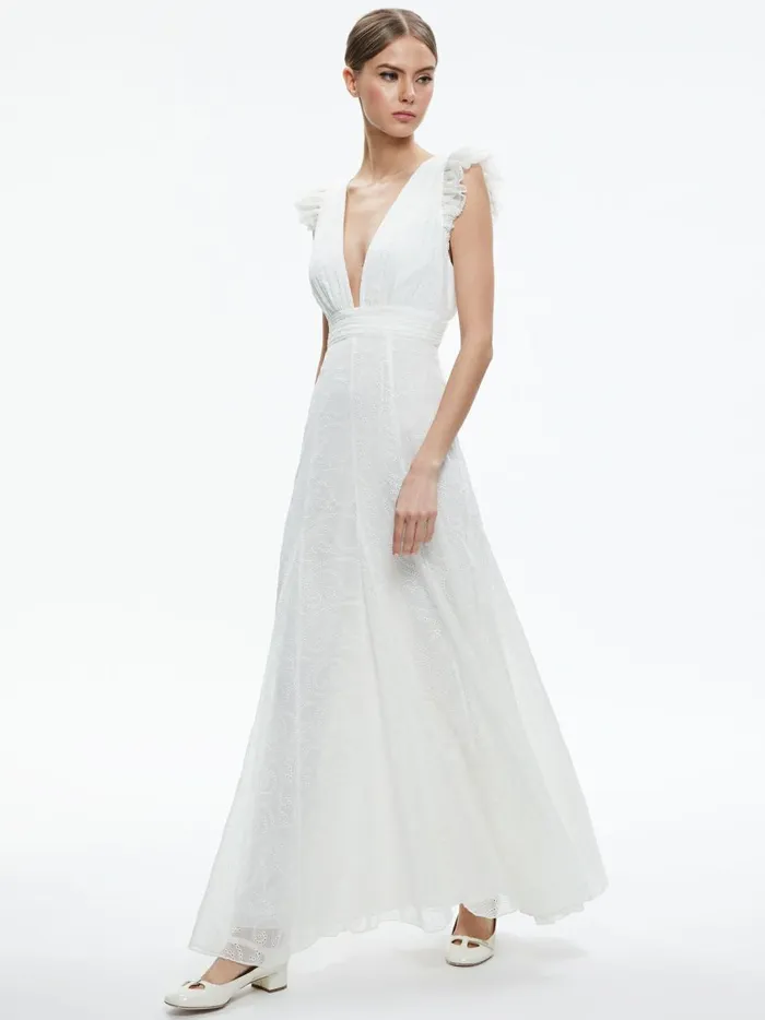 Womens Dresses Alice Olivia Vanna VNeck Ruffle Sleeve Maxi Dress White