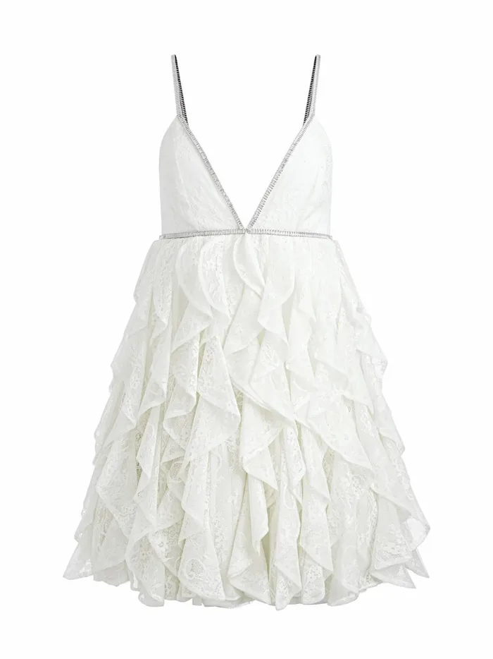 Womens Dresses Alice Olivia Wilmarie Embellished Lace Ruffle Mini Gown Off White Womens Dresses Alice Olivia Wilmarie Embellished Lace Ruffle Mini Gown Off White