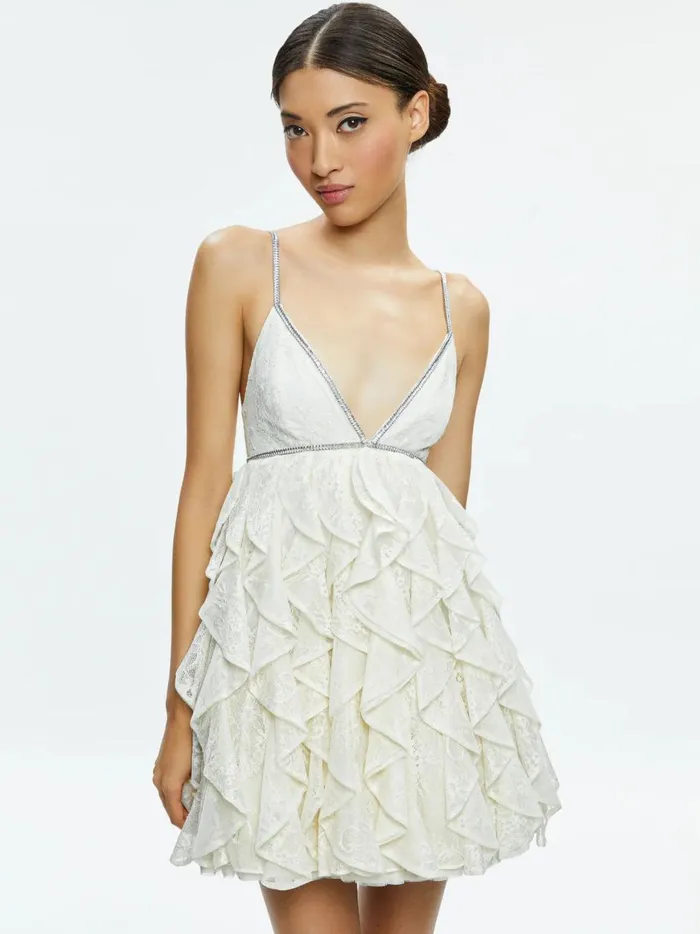 Womens Dresses Alice Olivia Wilmarie Embellished Lace Ruffle Mini Gown Off White