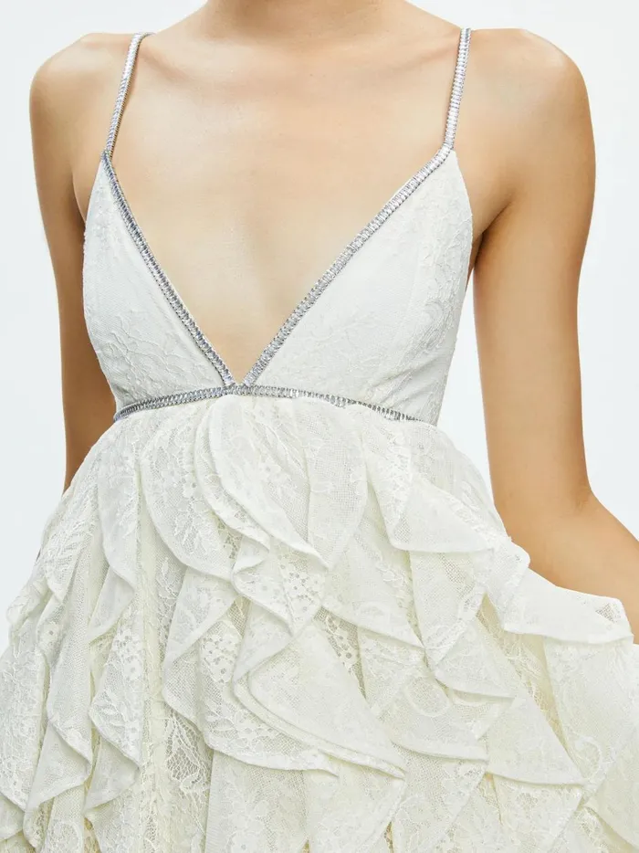 Womens Dresses Alice Olivia Wilmarie Embellished Lace Ruffle Mini Gown Off White