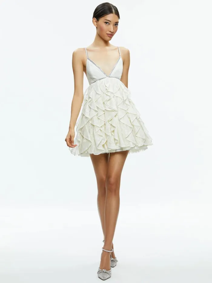 Womens Dresses Alice Olivia Wilmarie Embellished Lace Ruffle Mini Gown Off White