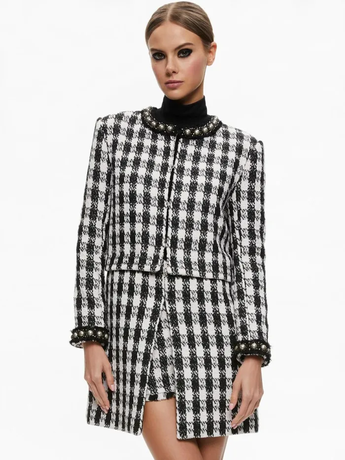 Womens Jackets Coats Alice Olivia Deon TwoFer Tweed Jacket Blackwhite