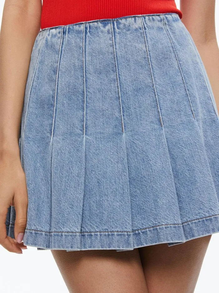 Womens Skirts Alice Olivia Carter Pleated Denim Mini Skirt Rockstar Blue