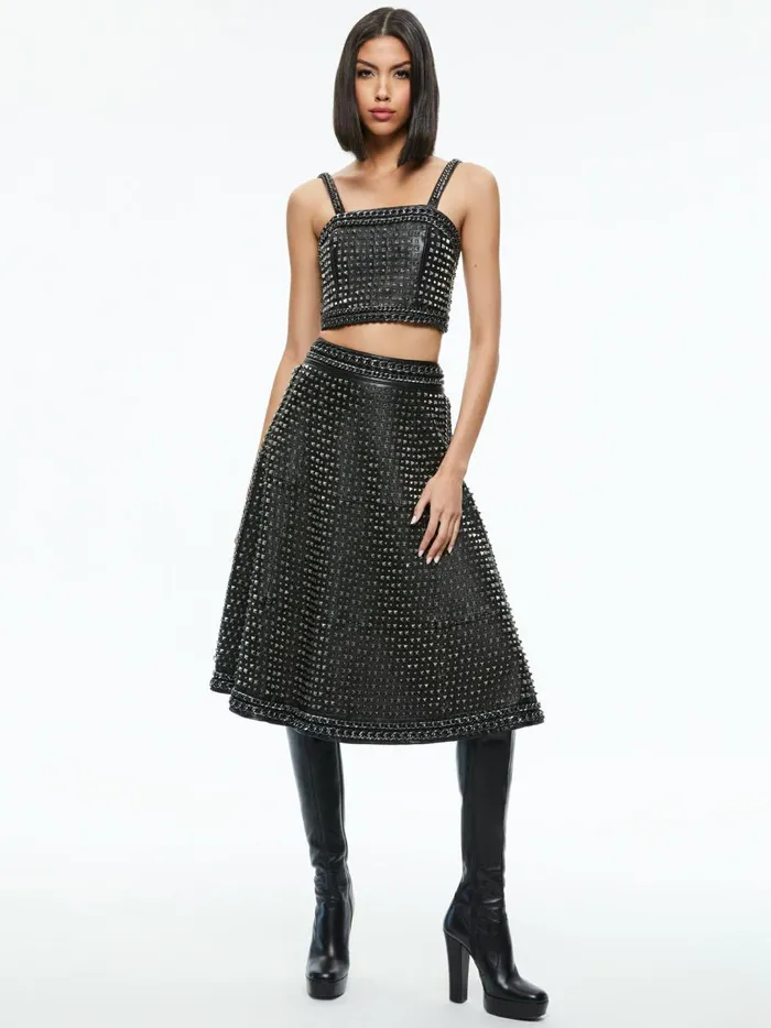 Womens Skirts Alice Olivia Sosie Studded Leather Midi Skirt Black
