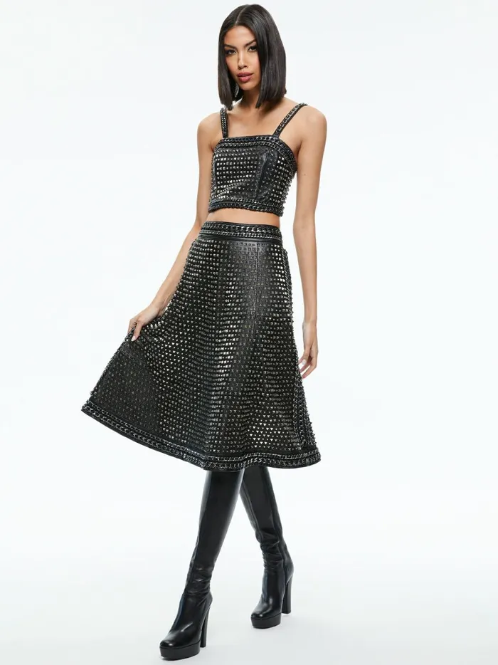 Womens Skirts Alice Olivia Sosie Studded Leather Midi Skirt Black