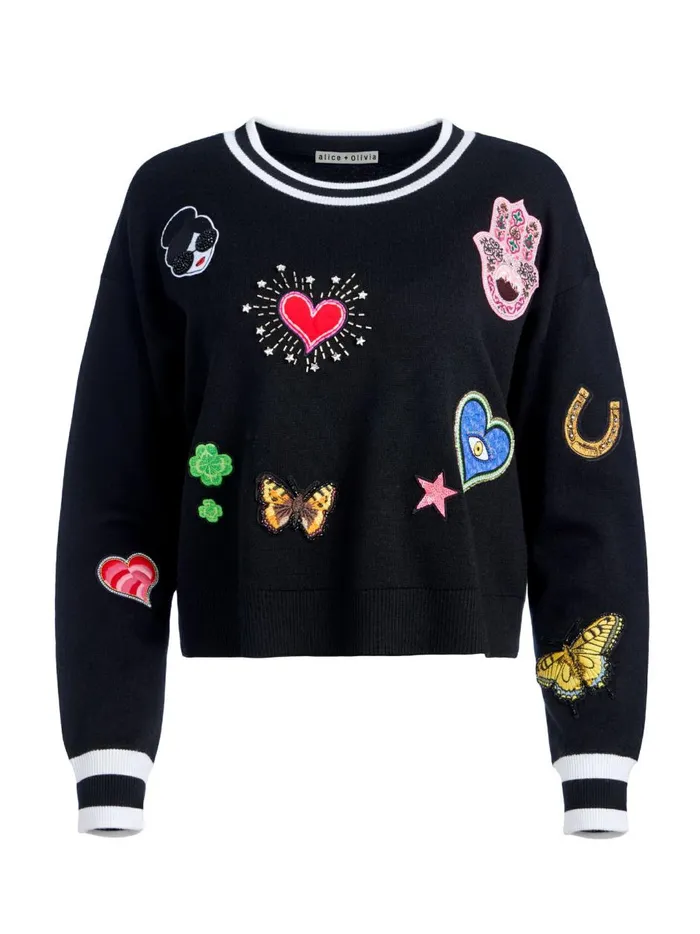 Womens Sweaters Alice Olivia Gleeson Staceface Patch Pullover Black Multi