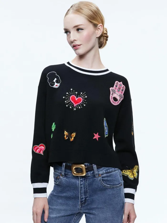 Womens Sweaters Alice Olivia Gleeson Staceface Patch Pullover Black Multi
