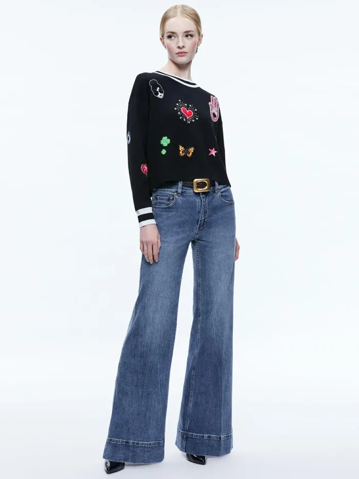 Womens Sweaters Alice Olivia Gleeson Staceface Patch Pullover Black Multi