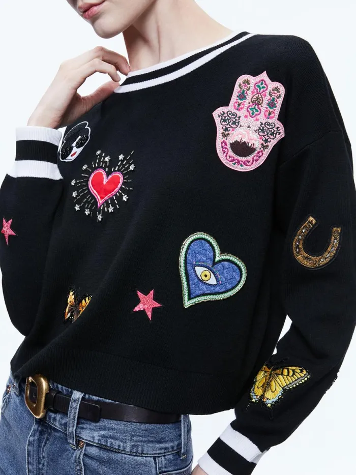 Womens Sweaters Alice Olivia Gleeson Staceface Patch Pullover Black Multi