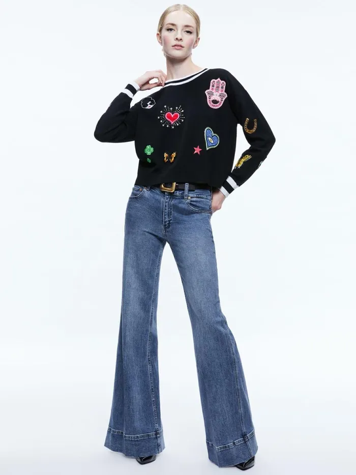 Womens Sweaters Alice Olivia Gleeson Staceface Patch Pullover Black Multi