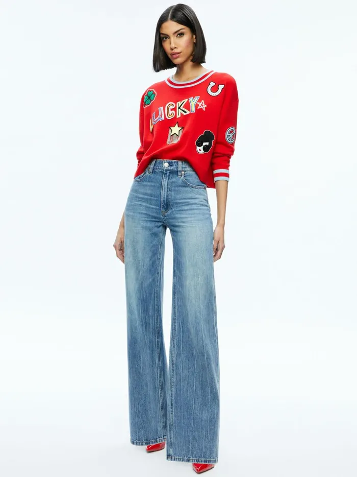 Womens Sweaters Alice Olivia Gleeson Staceface Patch Pullover Bright Rubystripe Womens Sweaters Alice Olivia Gleeson Staceface Patch Pullover Bright Rubystripe