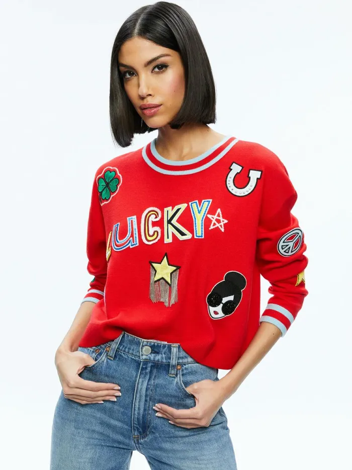 Womens Sweaters Alice Olivia Gleeson Staceface Patch Pullover Bright Rubystripe